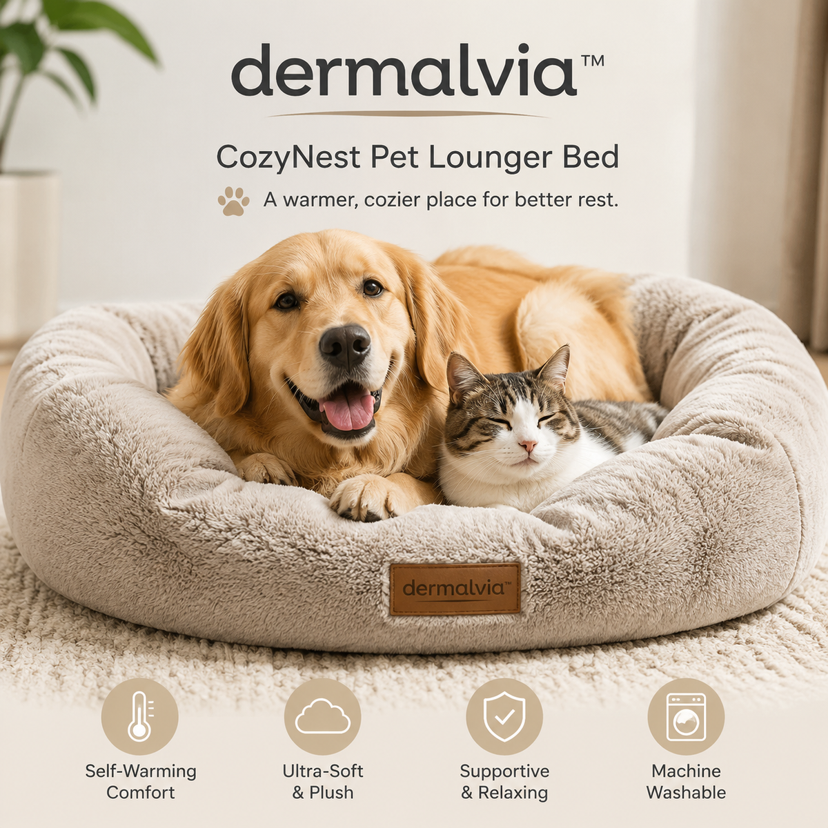 dermalvia™ CozyNest Self-Warming Pet Lounger Bed